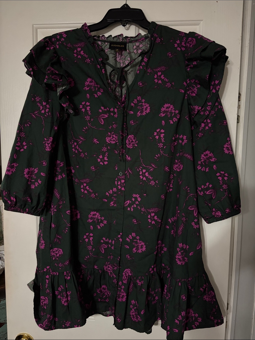 Sugarlips Dark Green Dress with Magenta Floral Print and Ruffle Trim